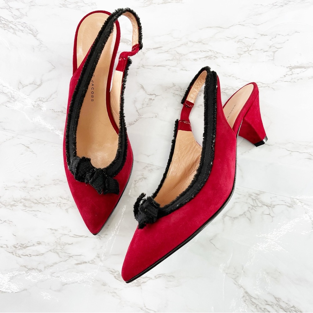 Marc Jacobs Red Suede Pointed Toe Kitten Heel Slingback Retro Size 39.5